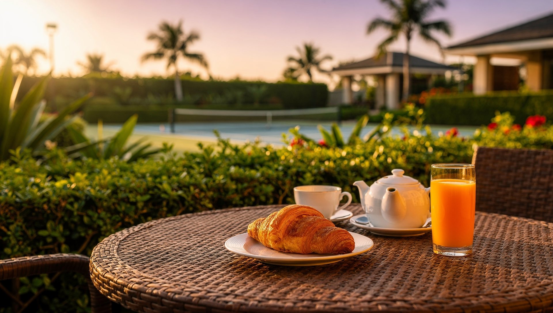 Resort court terrace in morning light