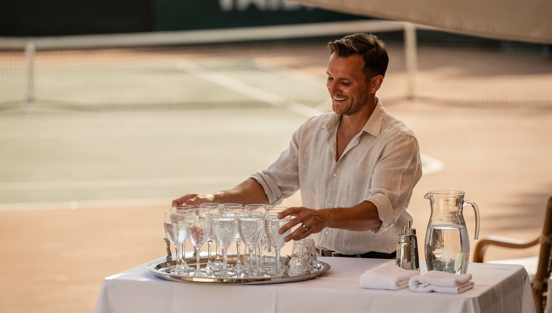 Concierge preparing an outdoor court experience