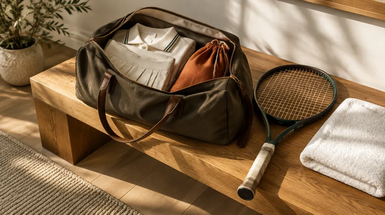A fictional packed tennis bag, racket and towel on a wooden bench.