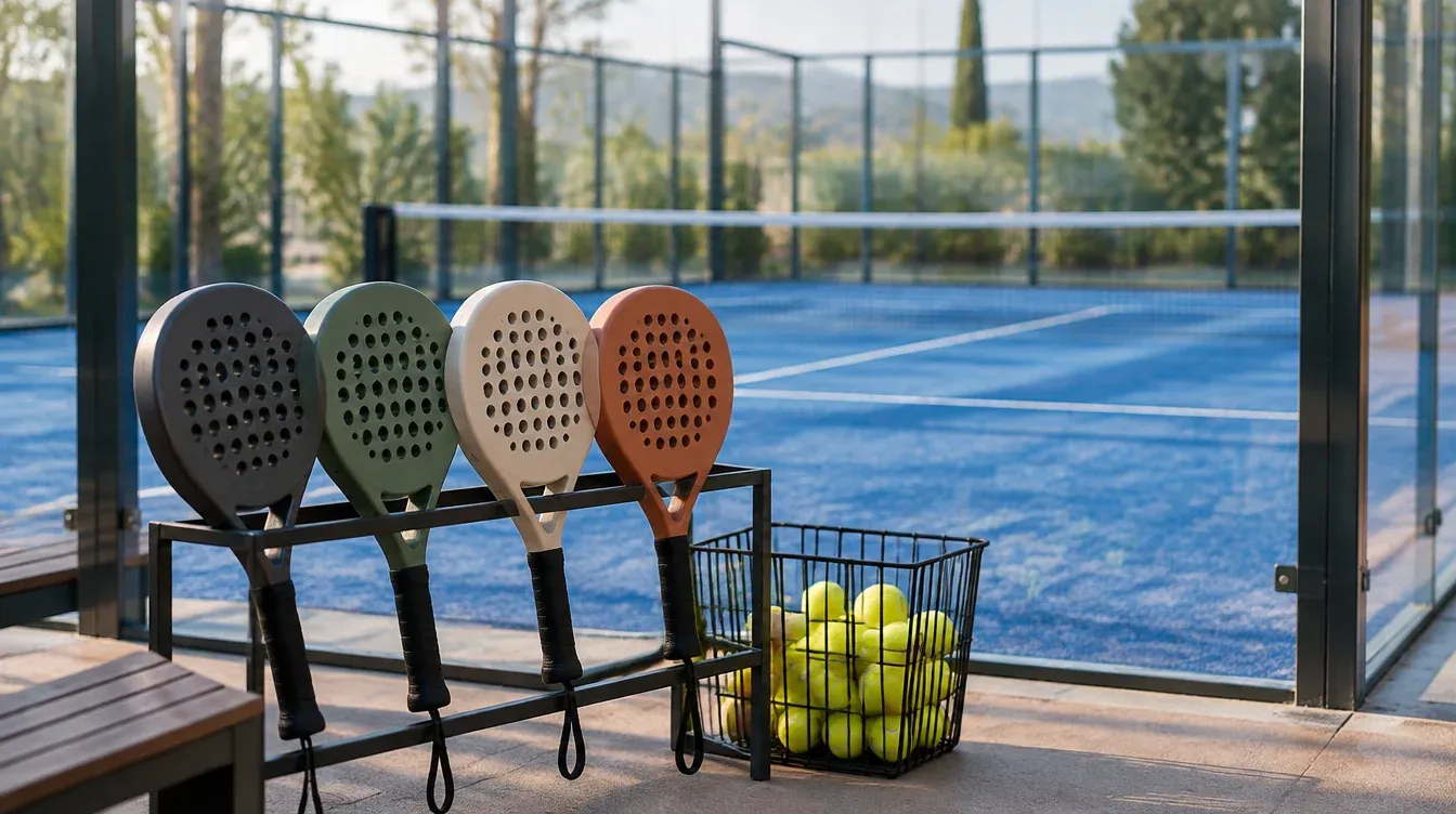 Four unbranded padel rackets and a basket of balls beside a fictional glass-enclosed court.