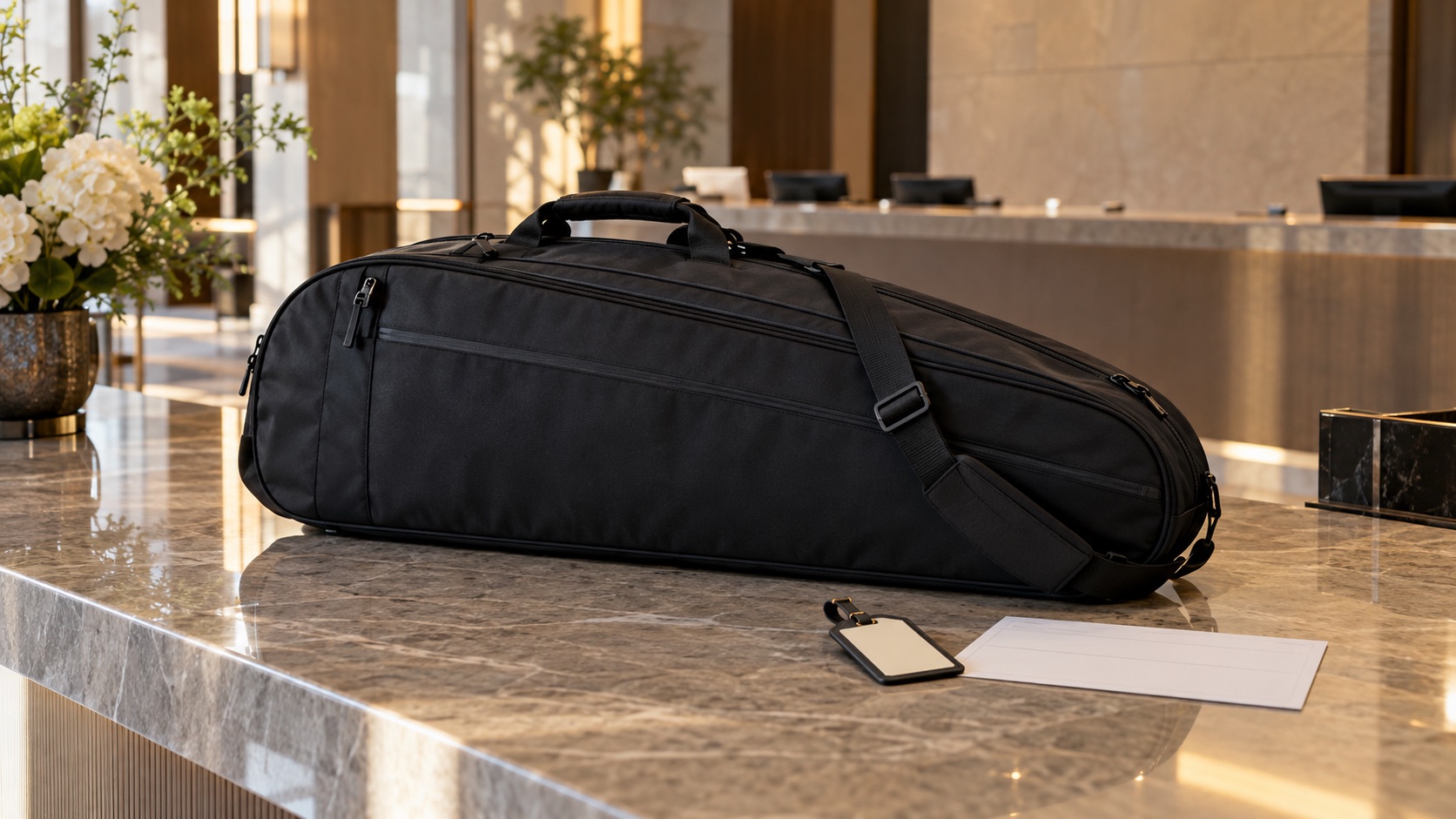 An unbranded racquet bag on a hotel reception desk beside a blank delivery label.
