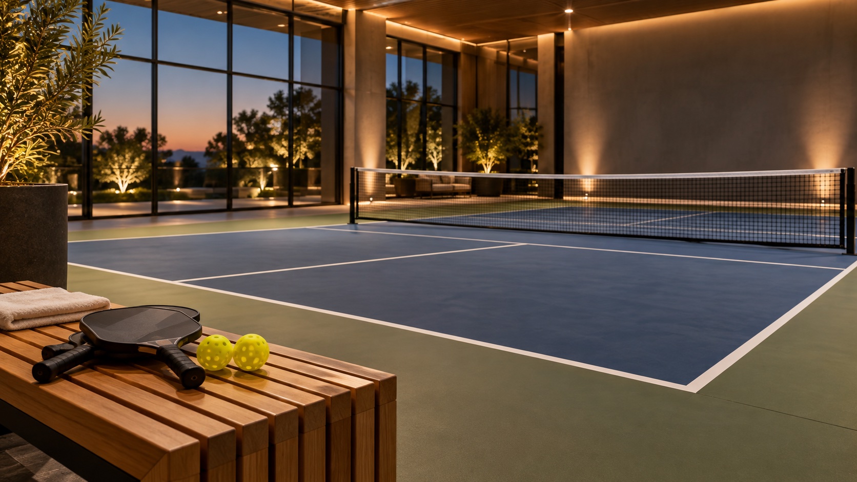 An unbranded indoor pickleball court at twilight with two plain paddles and balls on a wooden bench.