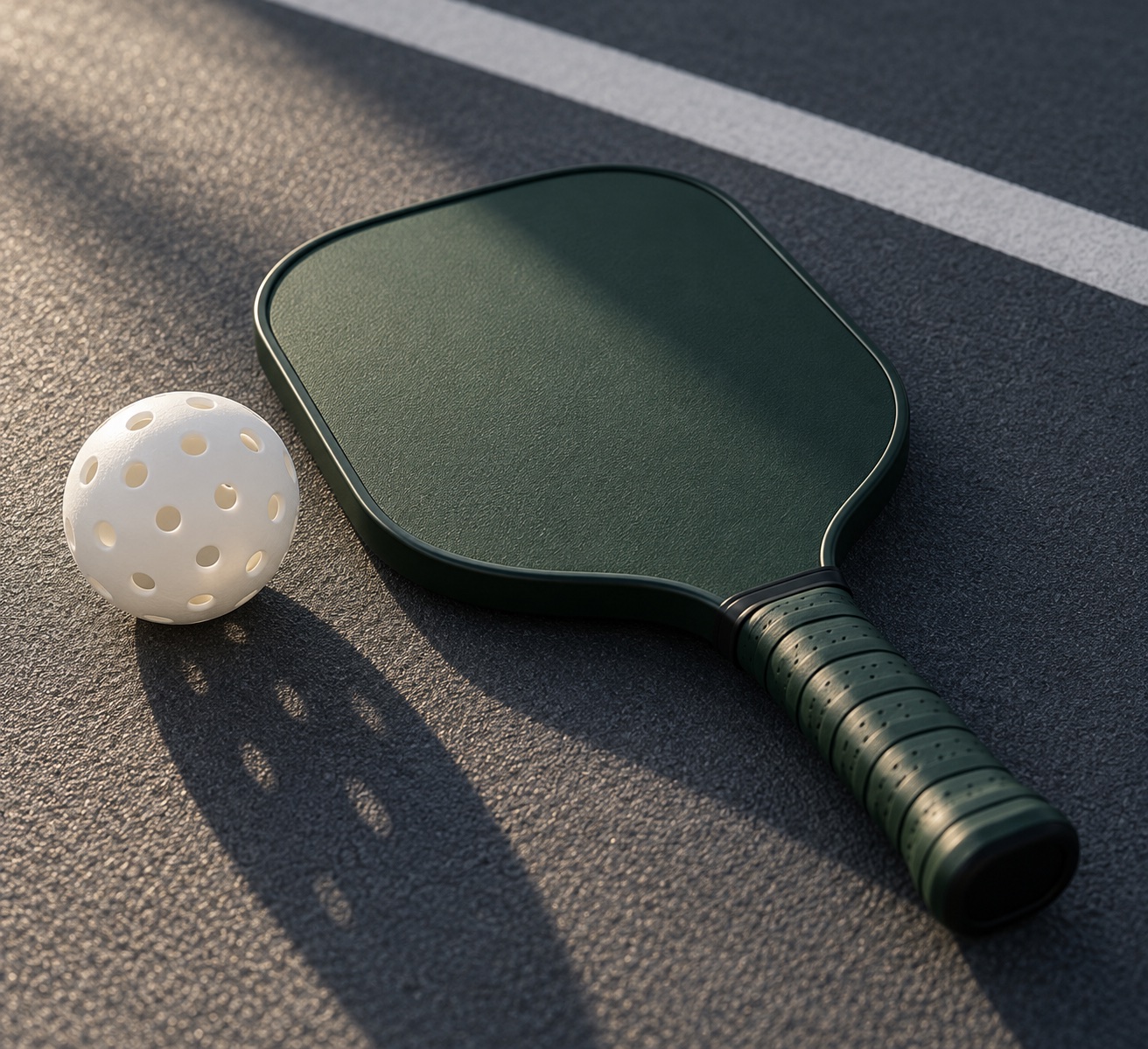 One unbranded dark green pickleball paddle and a white perforated ball on a generic charcoal court.