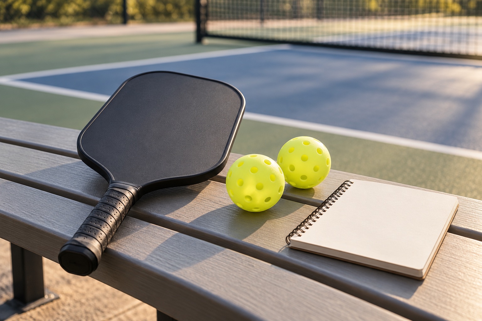 An unbranded pickleball paddle, balls and blank notebook on a courtside bench.