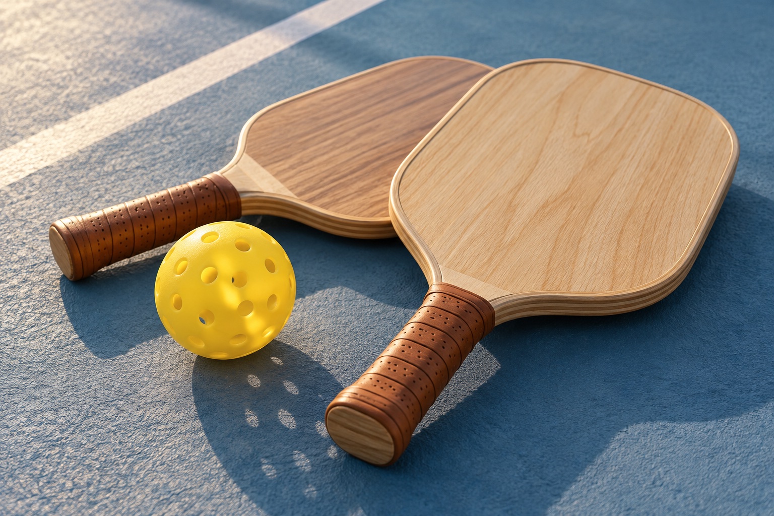 Two unbranded wooden pickleball paddles and one yellow perforated ball on a generic blue court.