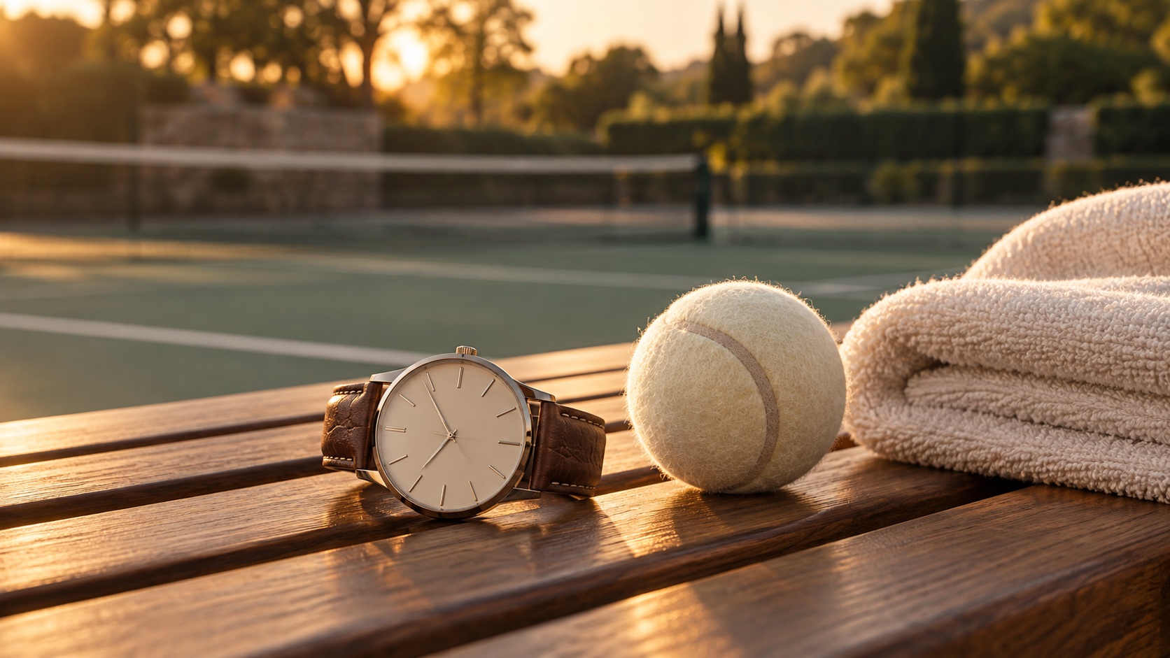 A generic unbranded analog watch, tennis ball and folded towel beside a tennis court at late afternoon.