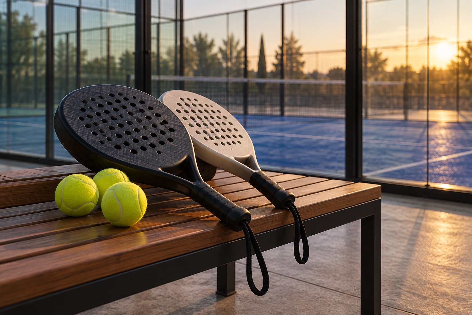 Two unbranded padel racquets and balls on a bench beside a generic glass court.