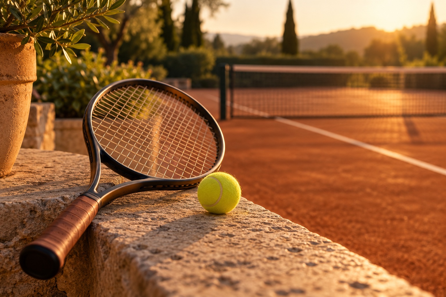 An unbranded tennis racquet and tennis ball beside a generic clay court at golden hour.