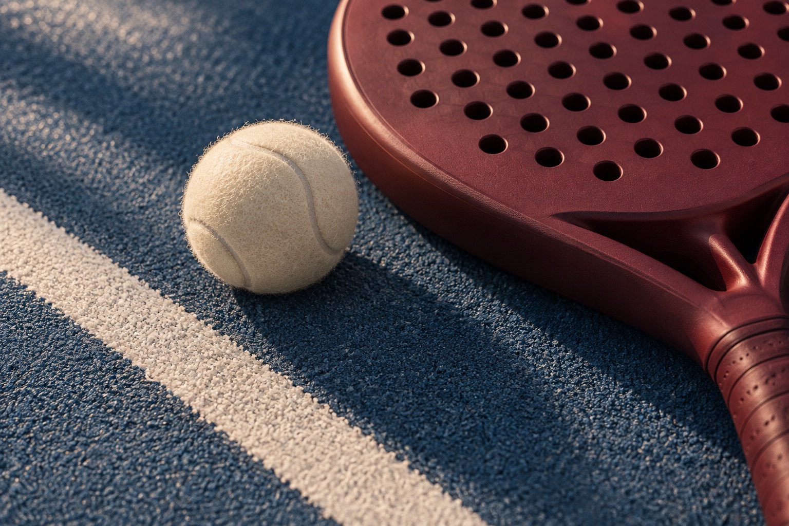 One unbranded burgundy padel racket and one pale ball beside a generic slate court line.
