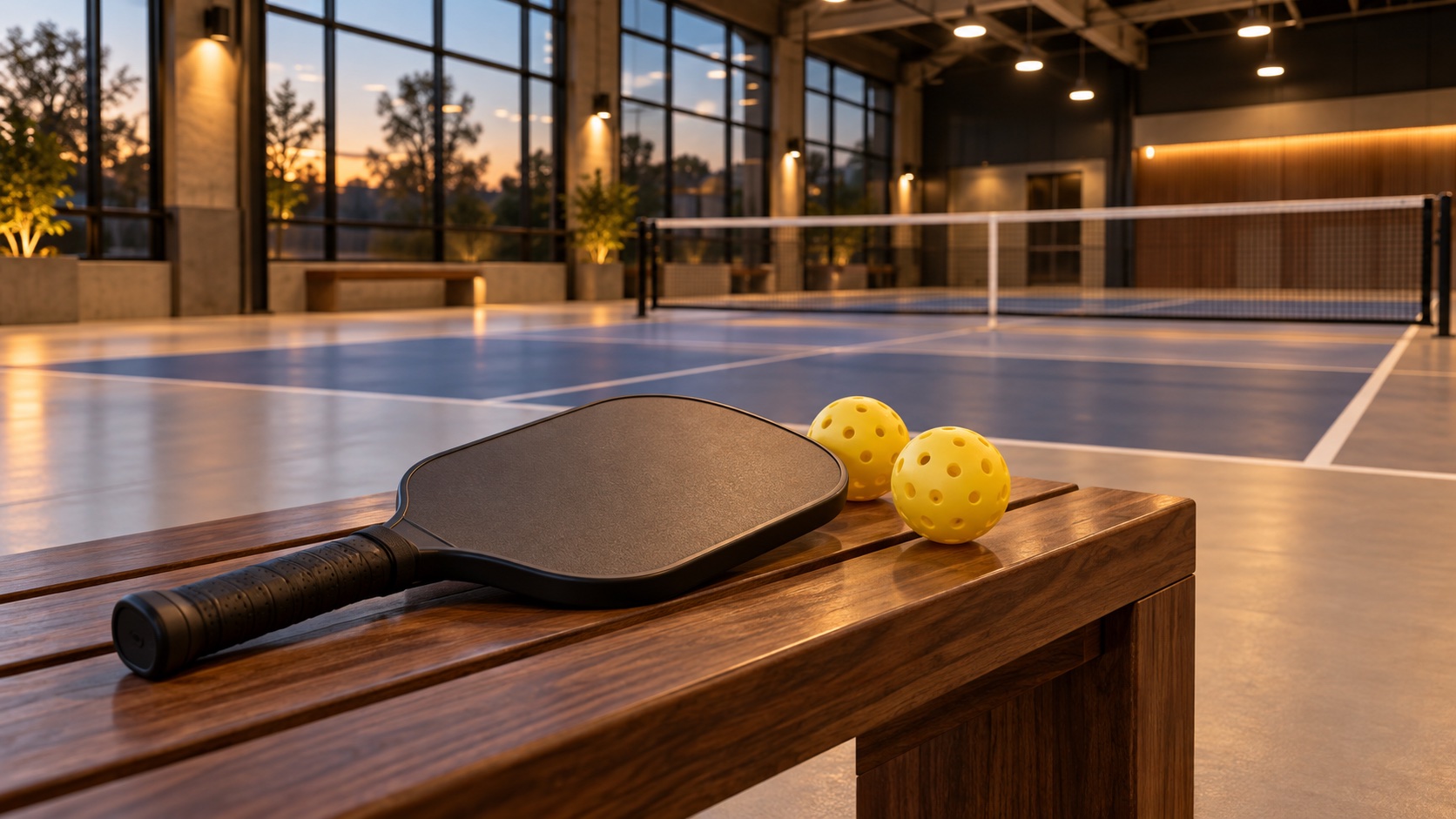 An unbranded indoor pickleball court at early evening with a plain paddle and balls on a wooden bench.