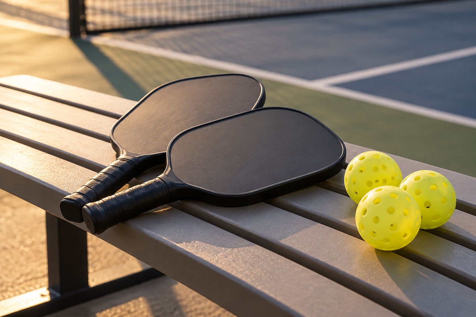 Two unbranded pickleball paddles and balls on a courtside bench at warm late-afternoon light.
