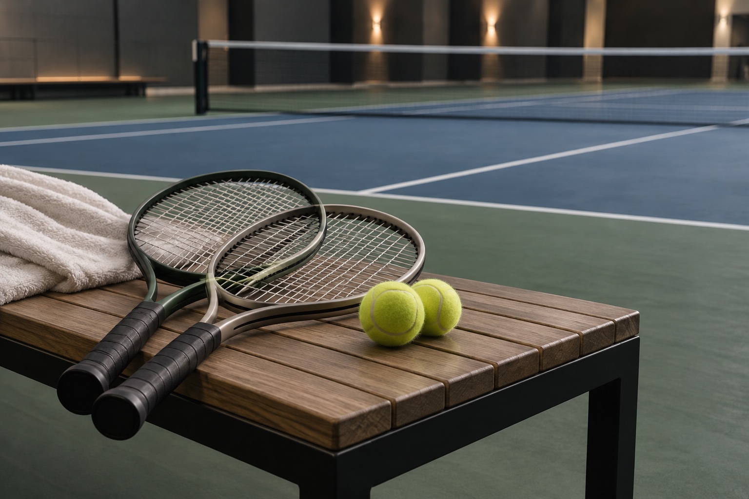 Two unbranded tennis racquets and balls on a bench beside a generic indoor court.