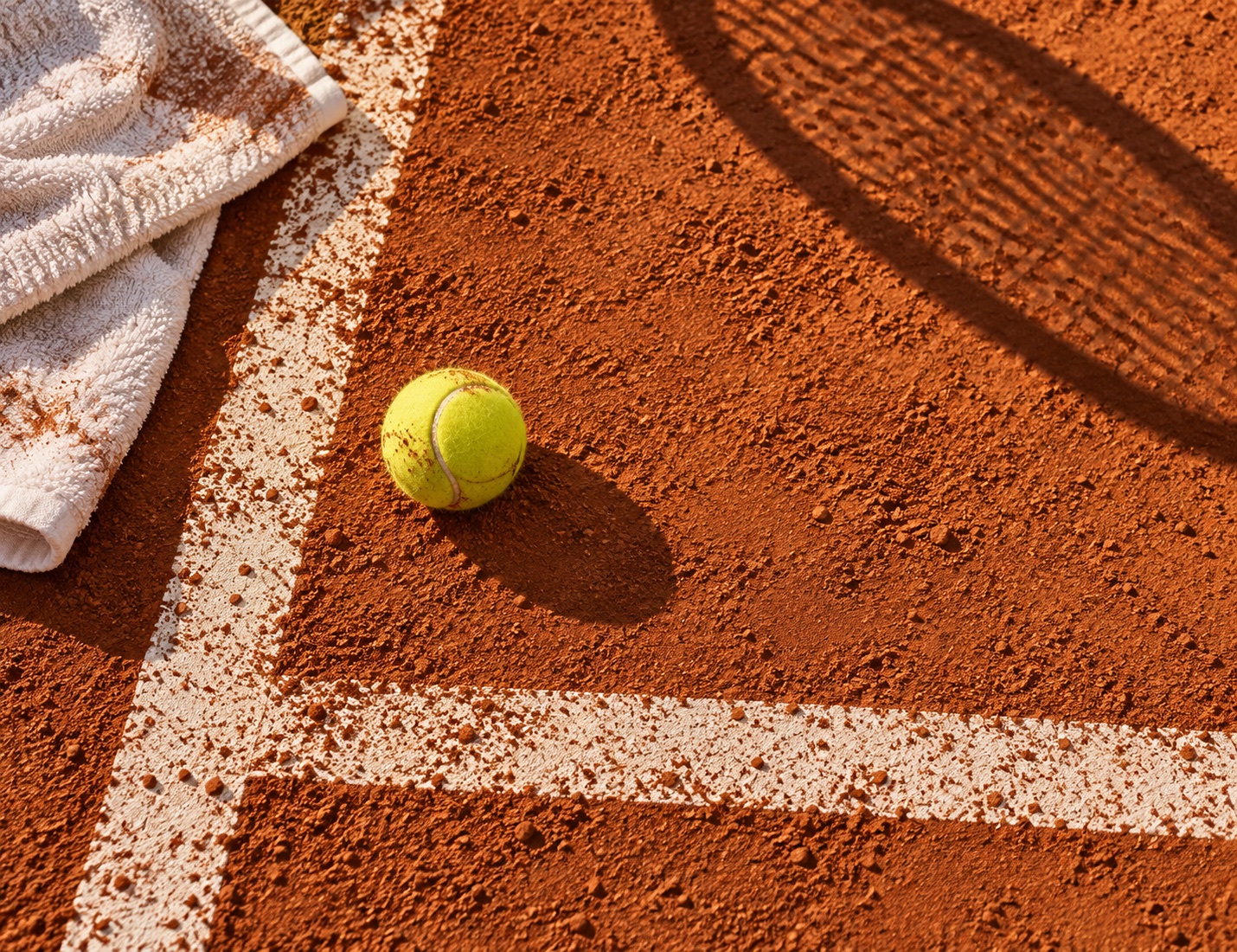 One unbranded tennis ball and a folded white towel beside generic red clay court lines.