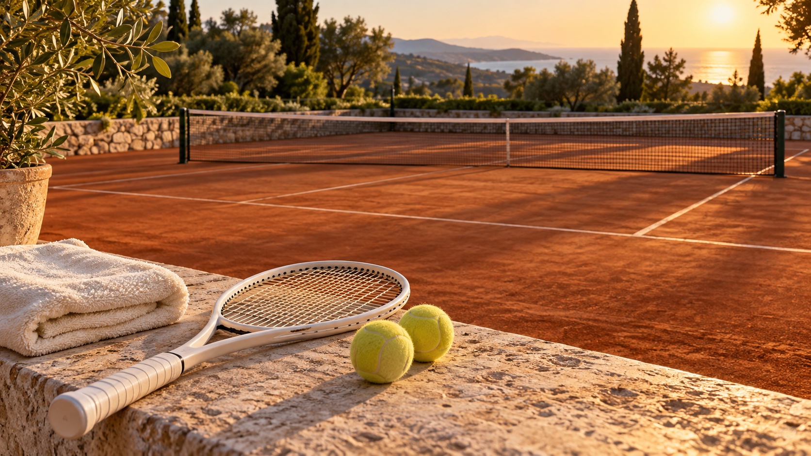 A plain white tennis racquet, balls and a folded neutral towel beside an unbranded red-clay court.
