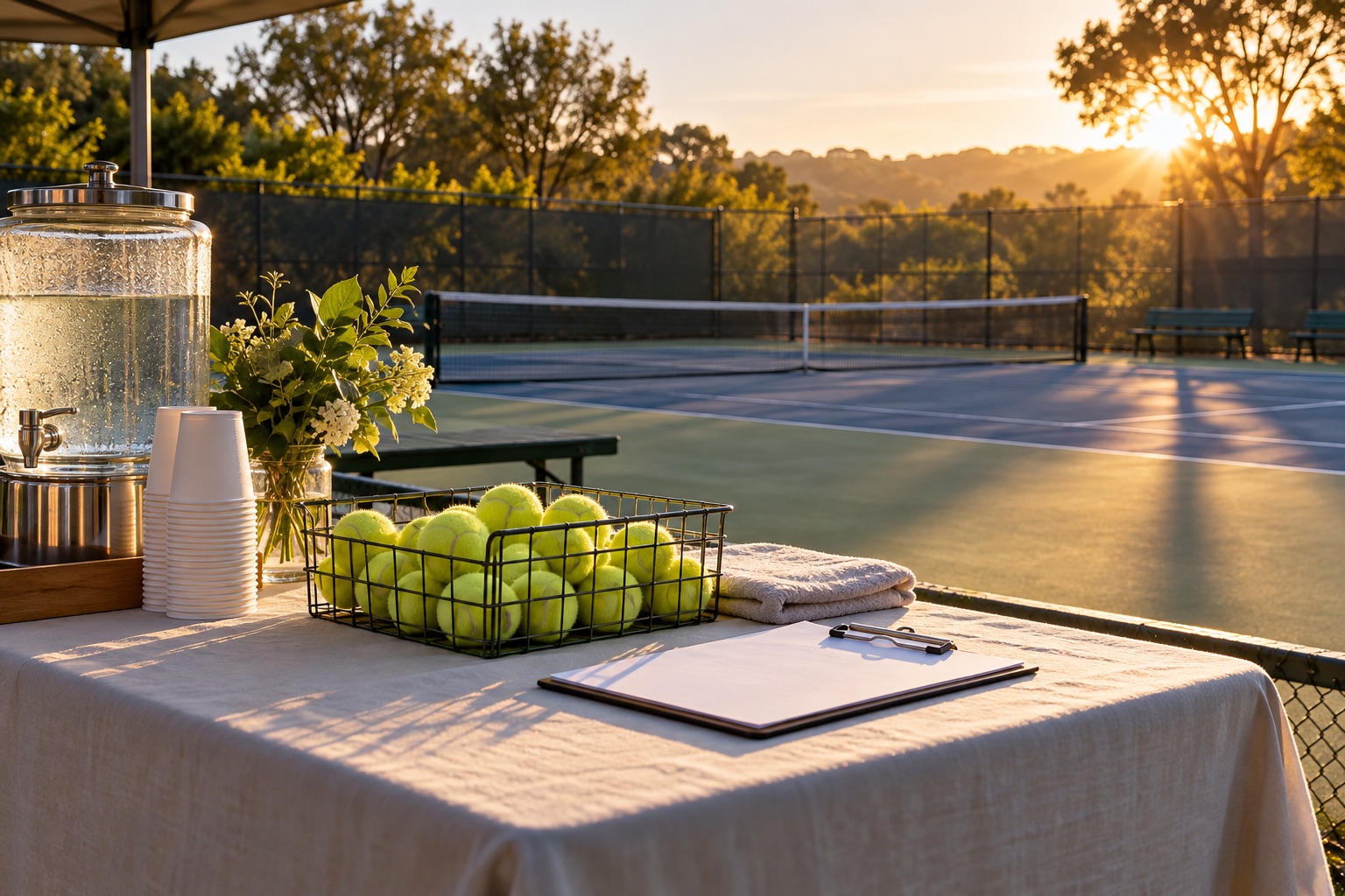 A fictional junior tennis welcome table with a plain racquet bag and practice balls, photographed as a CourtCore conceptual illustration.