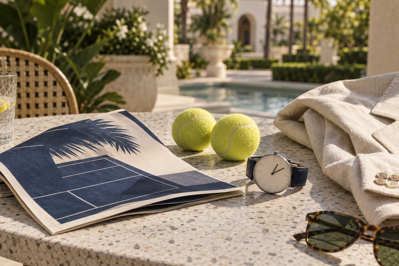 Conceptual unbranded tennis travel still life with a match program, tennis balls and a watch.