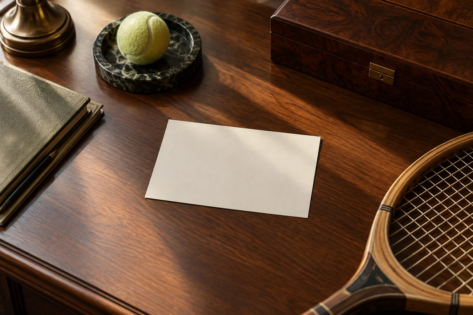 An unbranded racquet and a simple court-time note on a hotel desk.