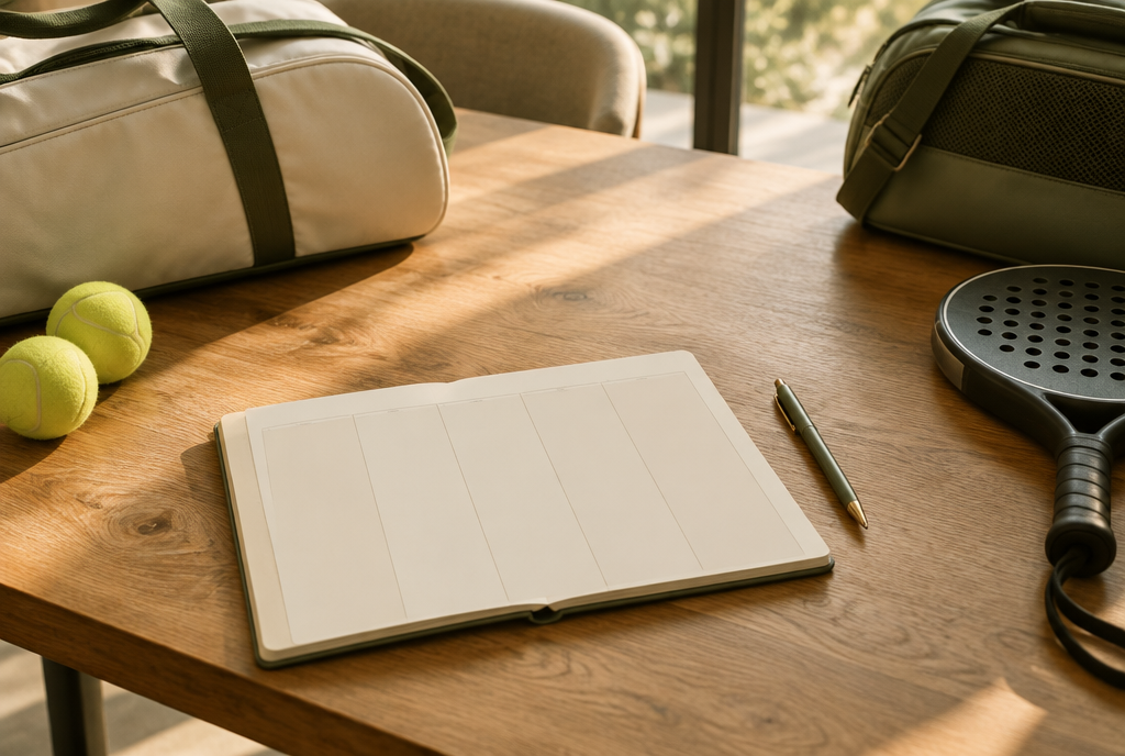 AI illustration of a notebook and racquet bags for planning club membership.