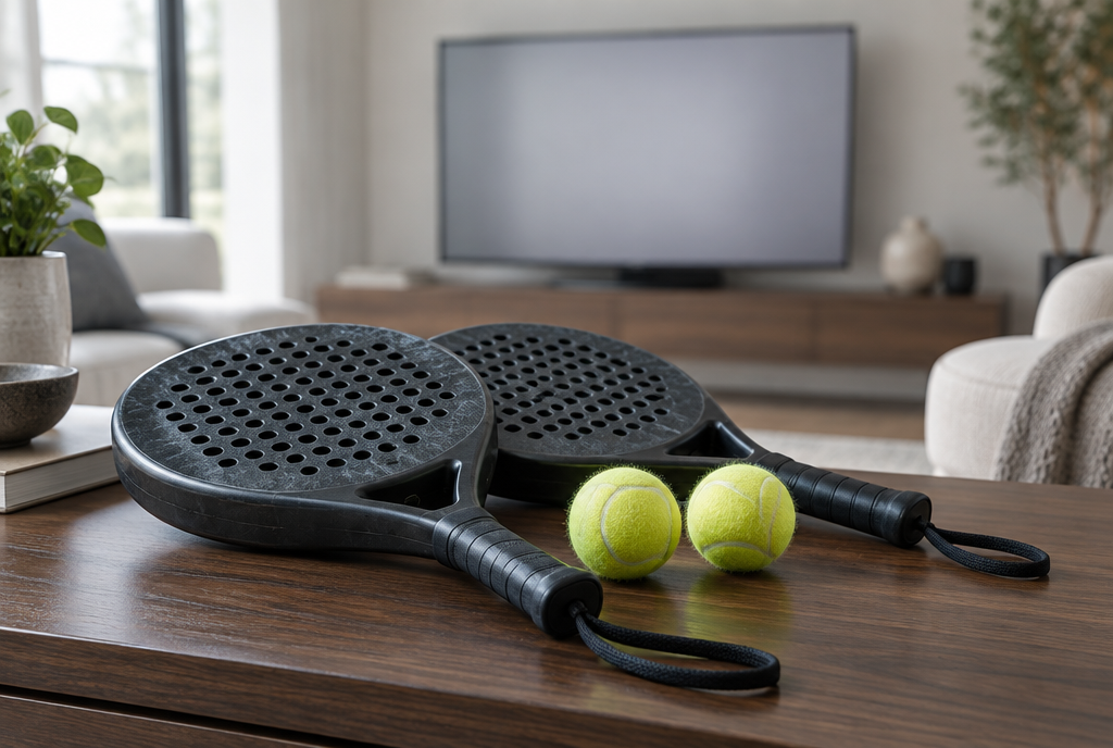 AI illustration of padel rackets and balls beside a blank screen at home.