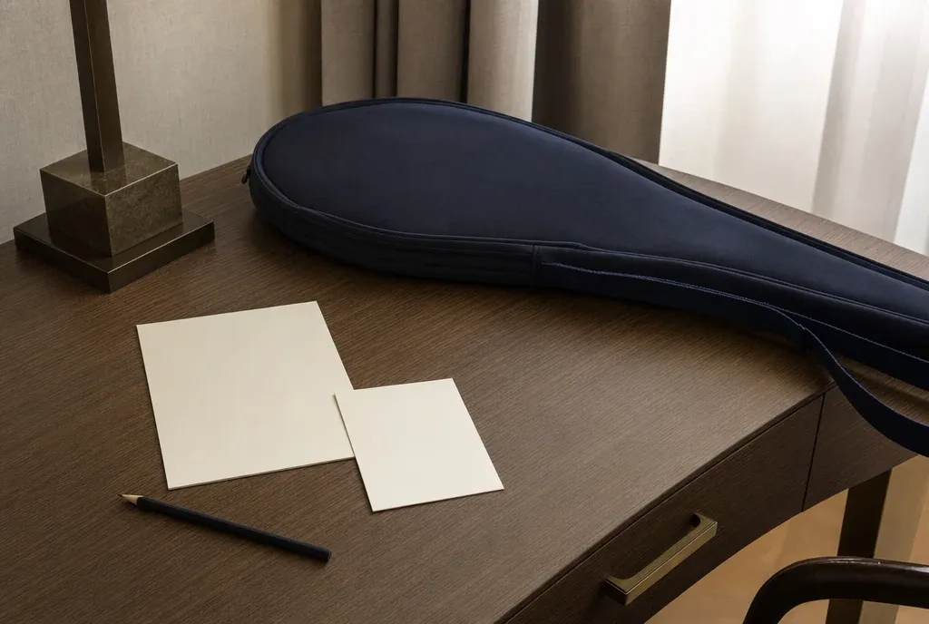 Racquet bag and two itinerary cards on a hotel-style desk.