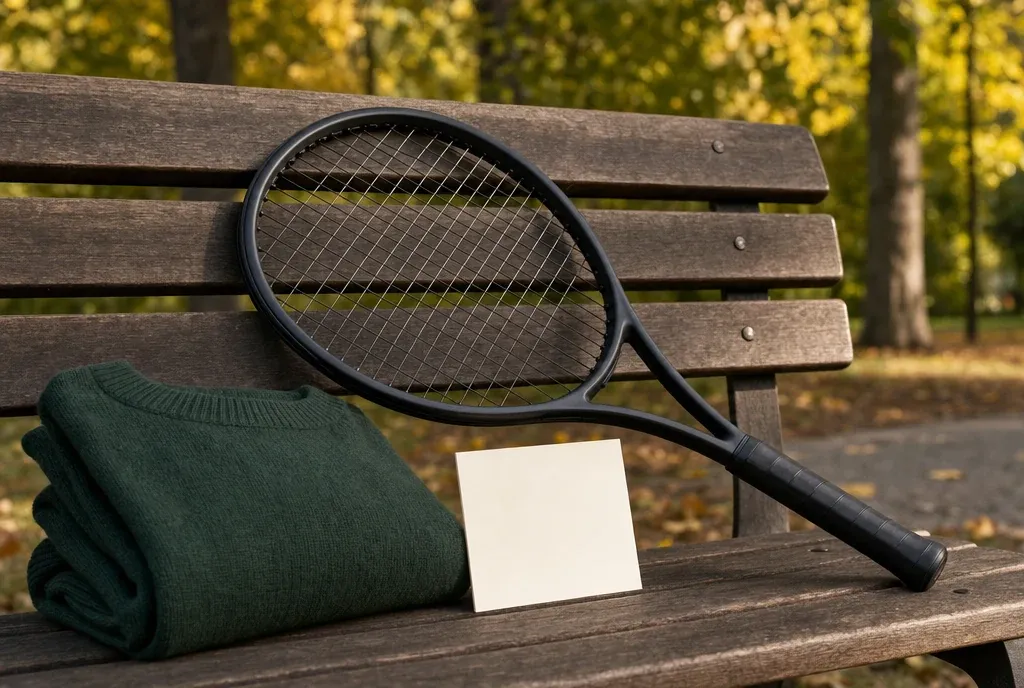 Tennis racquet and folded warm-up layer beside an appointment card.
