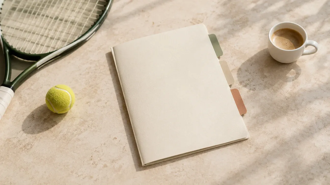 Tennis racket, ball, blank planner and coffee on a table in natural light.