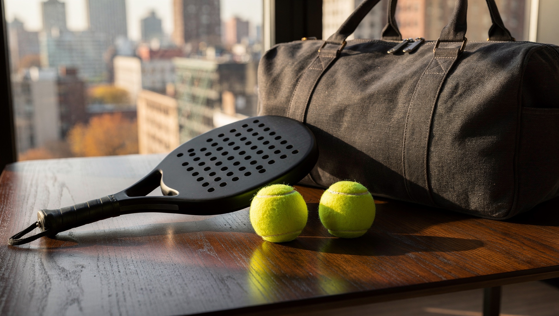 AI illustration of a black padel racket, two yellow balls and a weekend bag beside a city window.