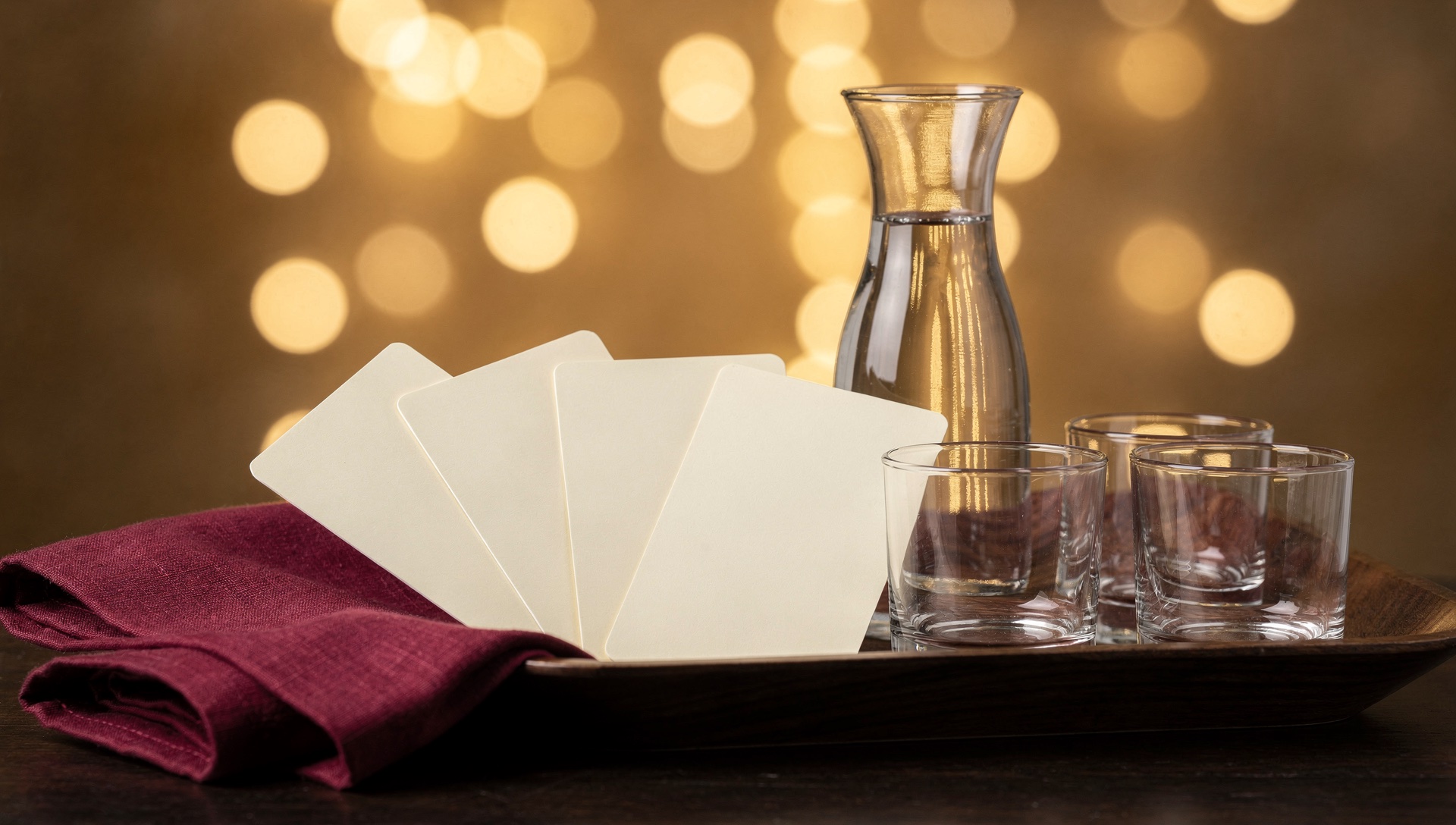 AI illustration of blank admission cards, a water carafe and glasses on a hospitality tray.