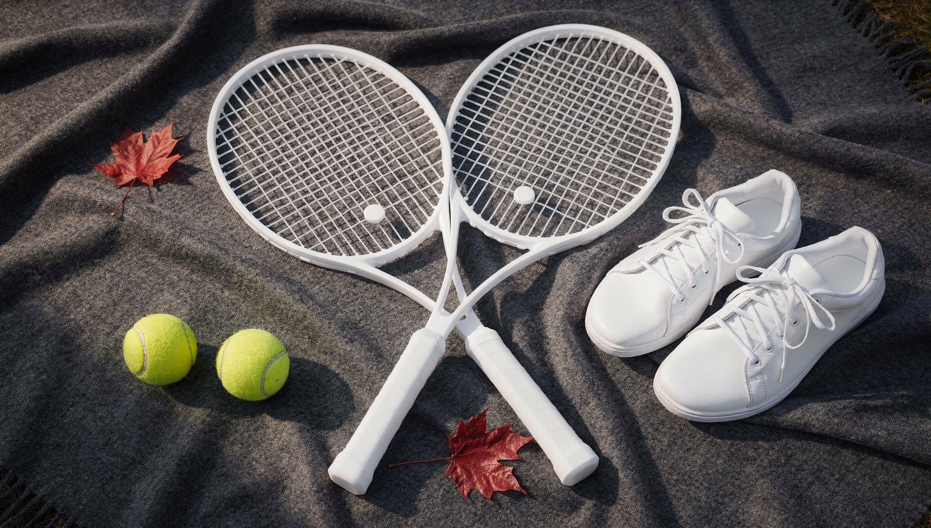 AI illustration of two plain tennis rackets, white shoes, yellow balls and autumn leaves.