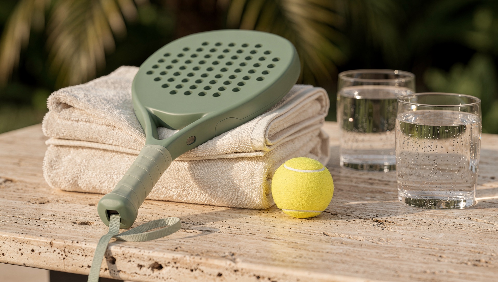 AI illustration of a sage padel racket, folded towels and water glasses on a terrace table.