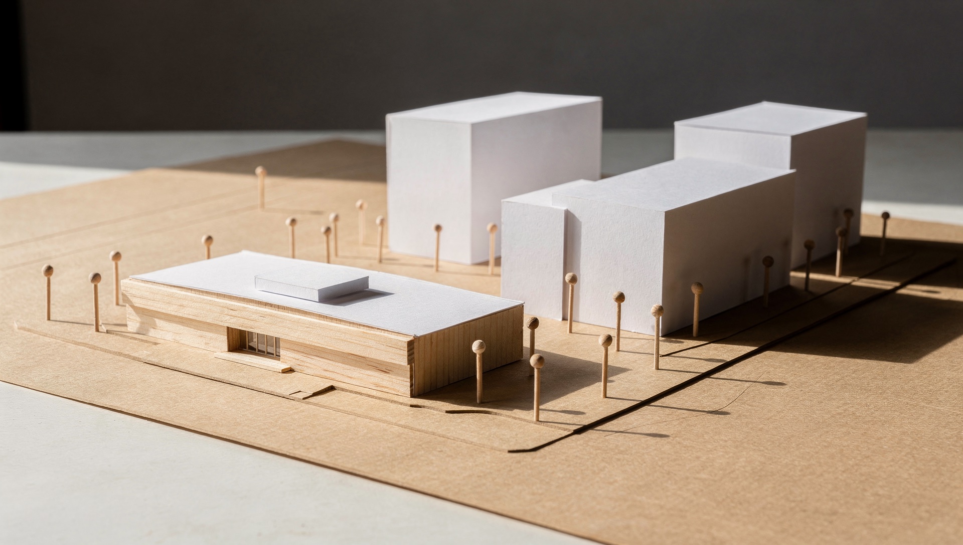 AI illustration of a conceptual mixed-use development model made of wood and white blocks.