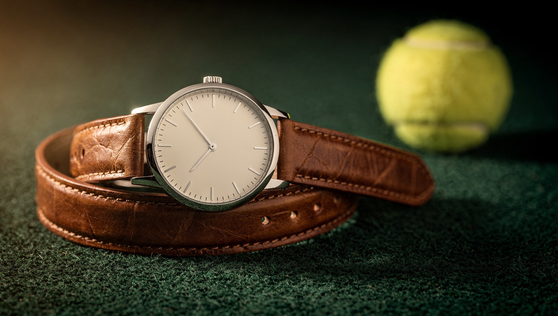AI illustration of an unbranded wristwatch and brown leather strap beside a blurred yellow ball.