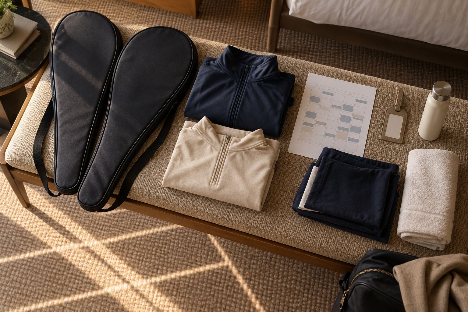 Conceptual unbranded adult tennis team travel kit arranged on a hotel bench.